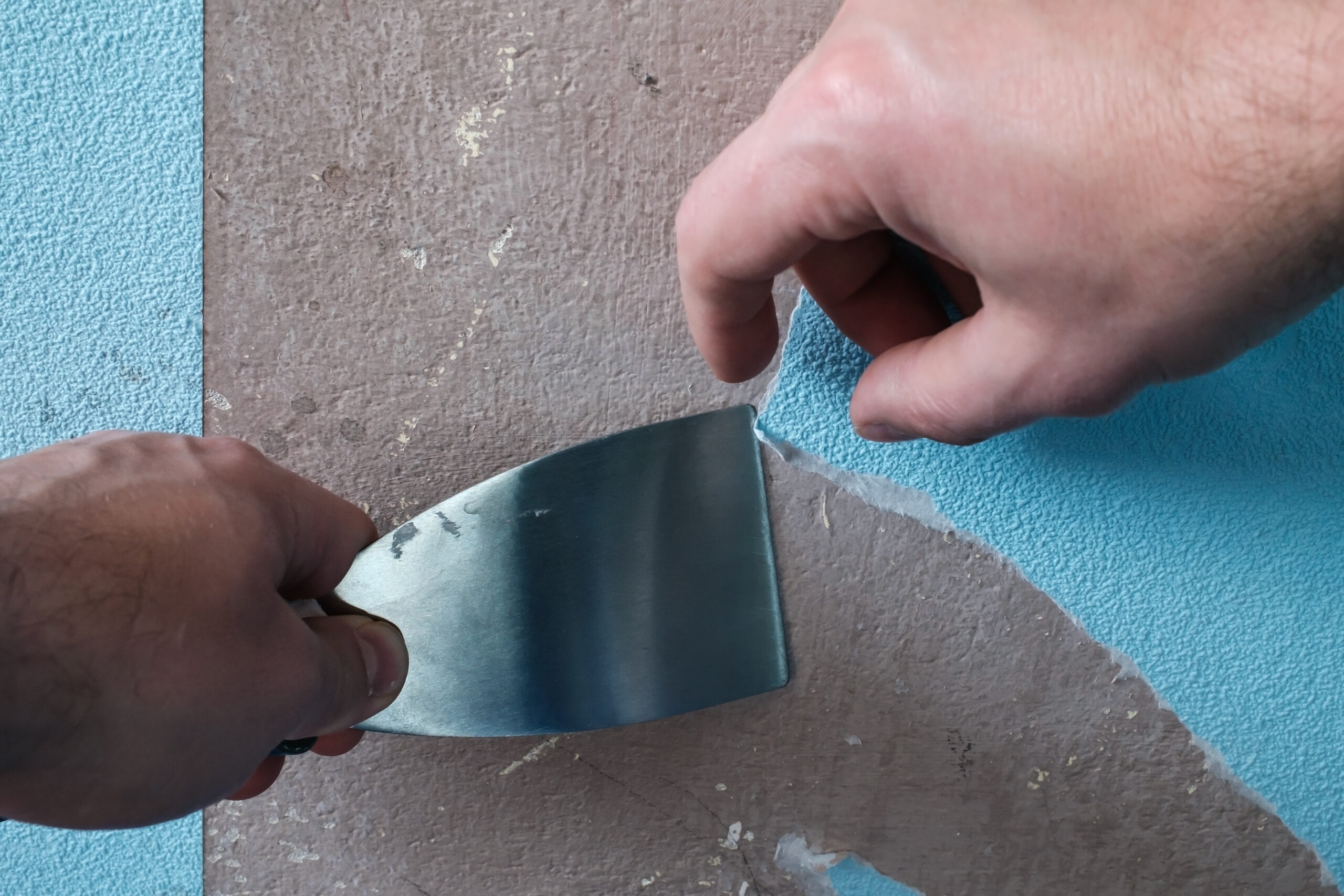 hand removes old blue wallpaper from the walls using a spatula house renovation scaled